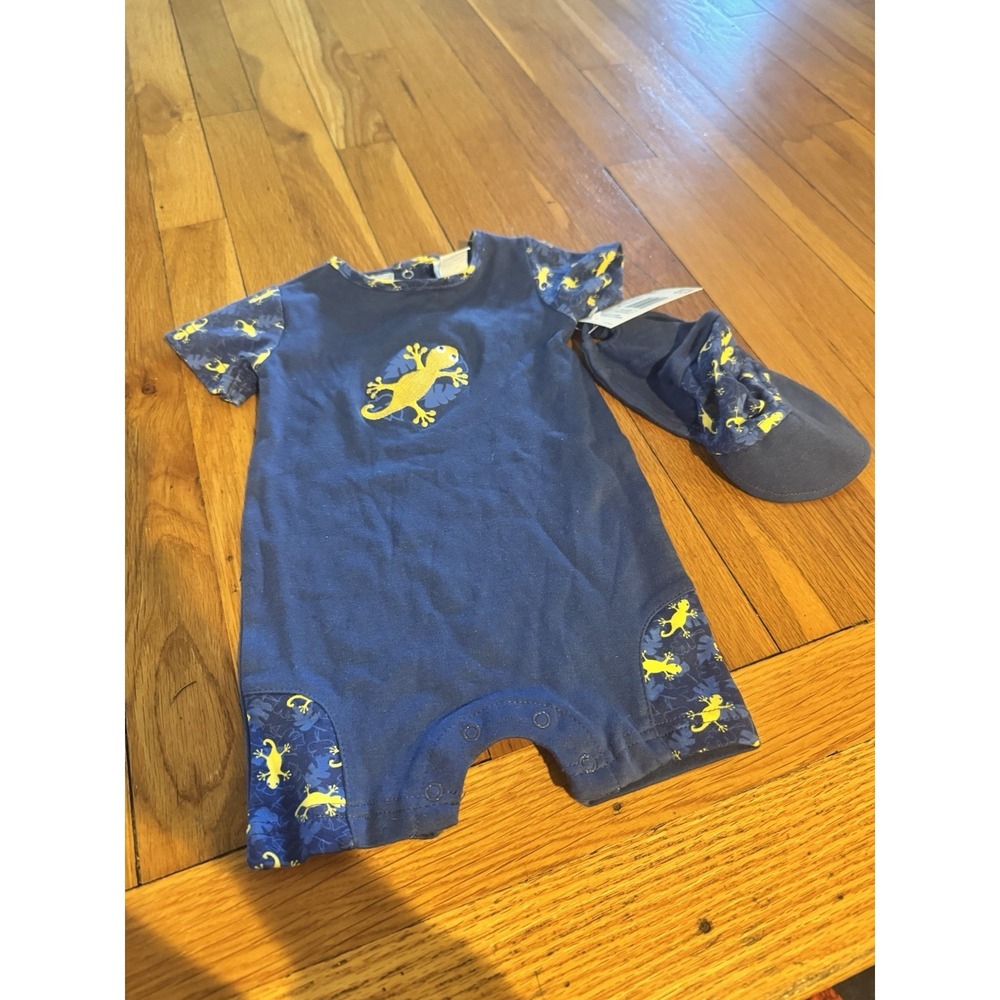Vintage Basic Editions Baby Boy Lizard Romper Hat Set Blue NWT 12M Embroidered